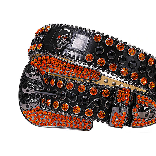 Skull Buckle Black Strap With Orange & Black Studded Rhinestone Belt