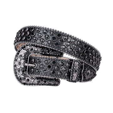 Engraved Buckle Black Strap With Black Studded Rhinestone Belt