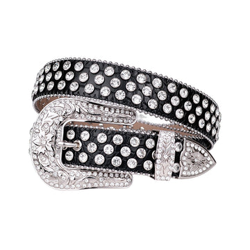 Engraved Buckle Black Strap With Crystal Studded Rhinestone Belt