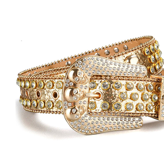 Skull Buckle Gold Strap With Crystal Studded Rhinestone Belt
