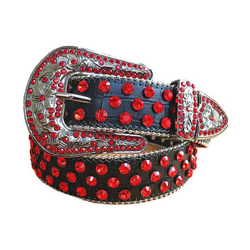 Red Rhinestone Belt With Black Textured Strap Silver Buckle