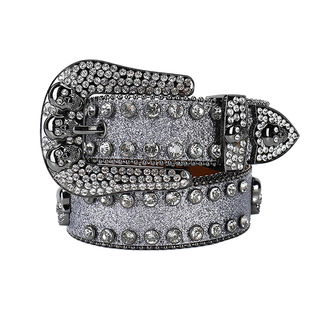 Skull Buckle Grey Strap With Grey Studded Rhinestone Belt