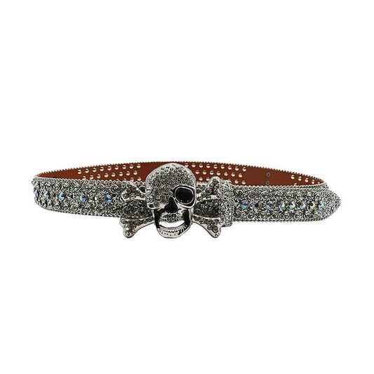 Metal Skull Buckle Silver Strap With Silver & Multi Studded Rhinestone Belt