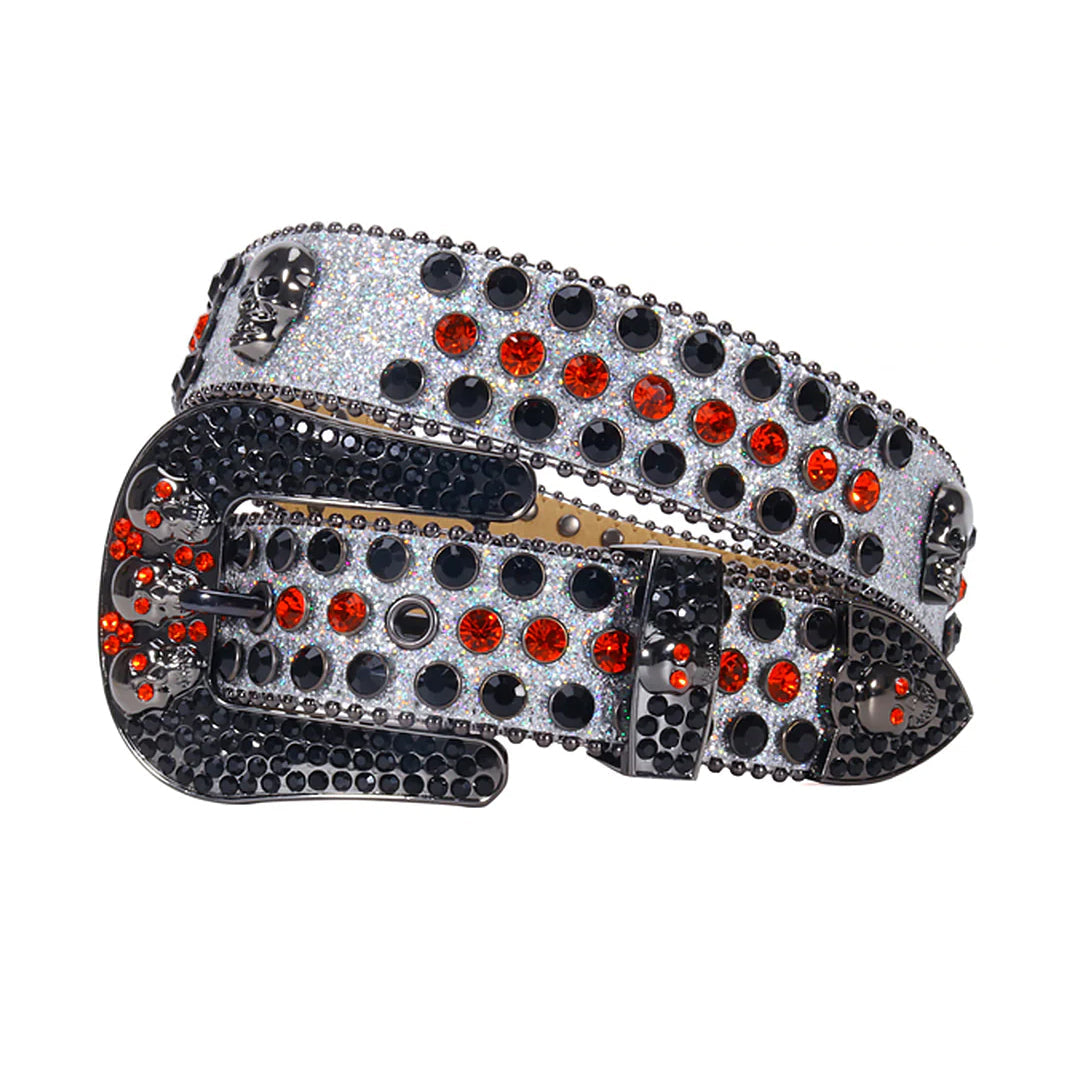 Skull Buckle Grey Strap With Black & Red Studded Rhinestone Belt