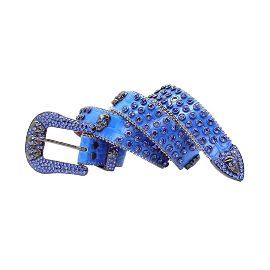Skull Buckle Blue Strap With Blue Studded Rhinestone Belt