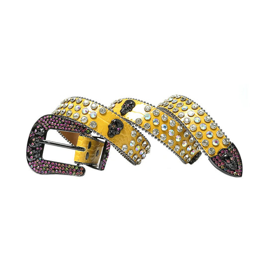 Skull Buckle Yellow Strap With Multi & Crystal Studded Rhinestone Belt