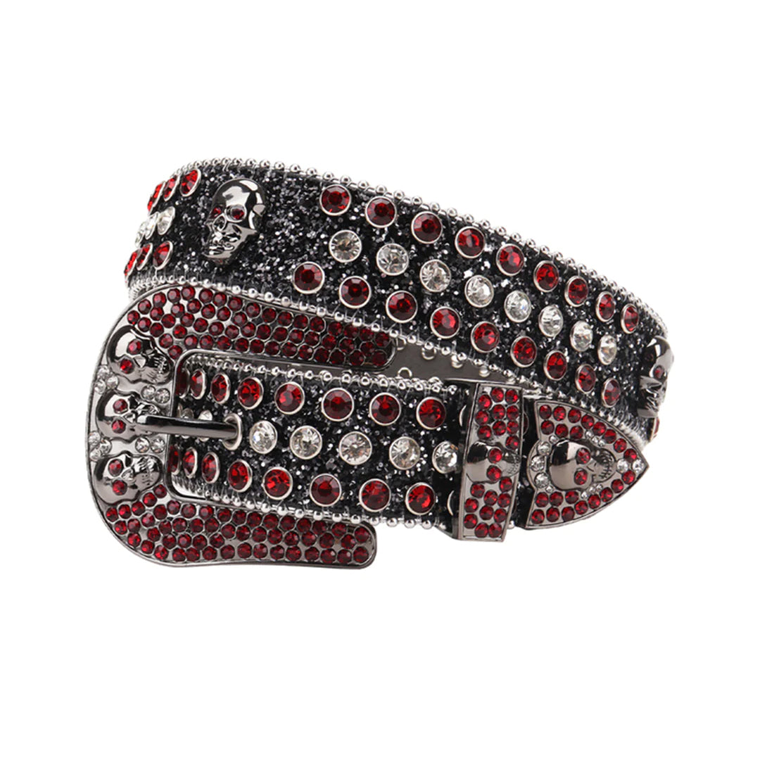 Skull Buckle Black Strap With Red & Crystal Studded Rhinestone Belt