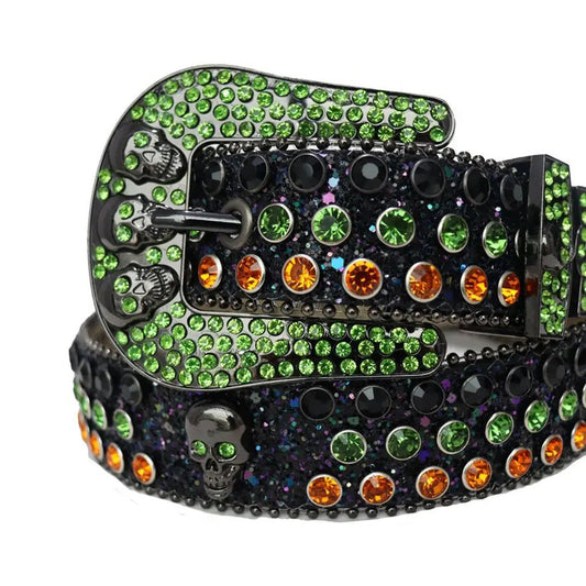 Green and Orange Rhinestone Belt With Black Glitter Strap and Skull Buckles