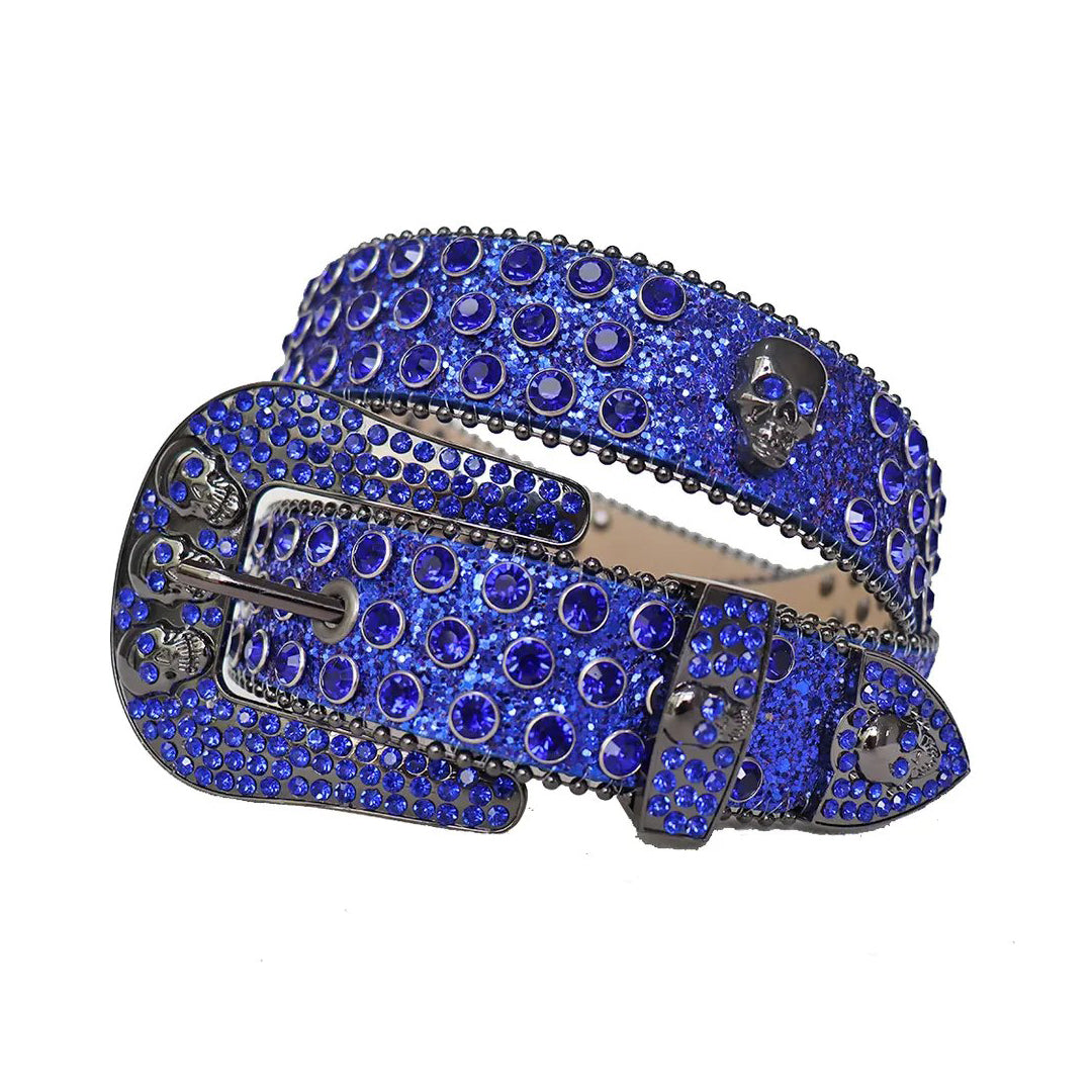 Blue Rhinestone Belt With Blue Glitter Strap and Skull Buckles