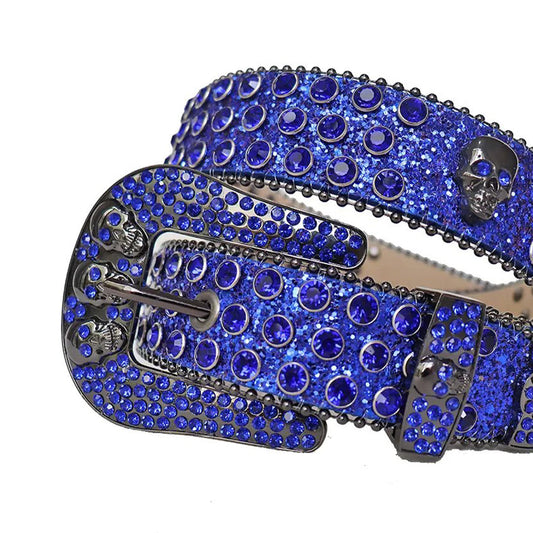 Blue Rhinestone Belt With Blue Glitter Strap and Skull Buckles