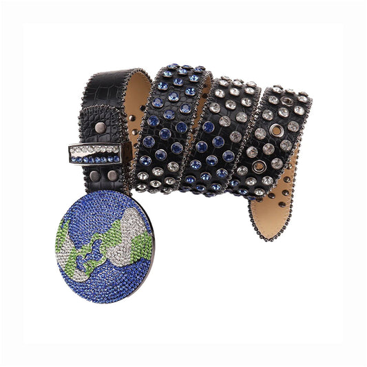 Globe Buckle With Blue & Crystal Studded Rhinestone Belt