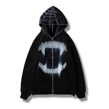 Punk Streetwear Full Zip Rhinestone Hoodie