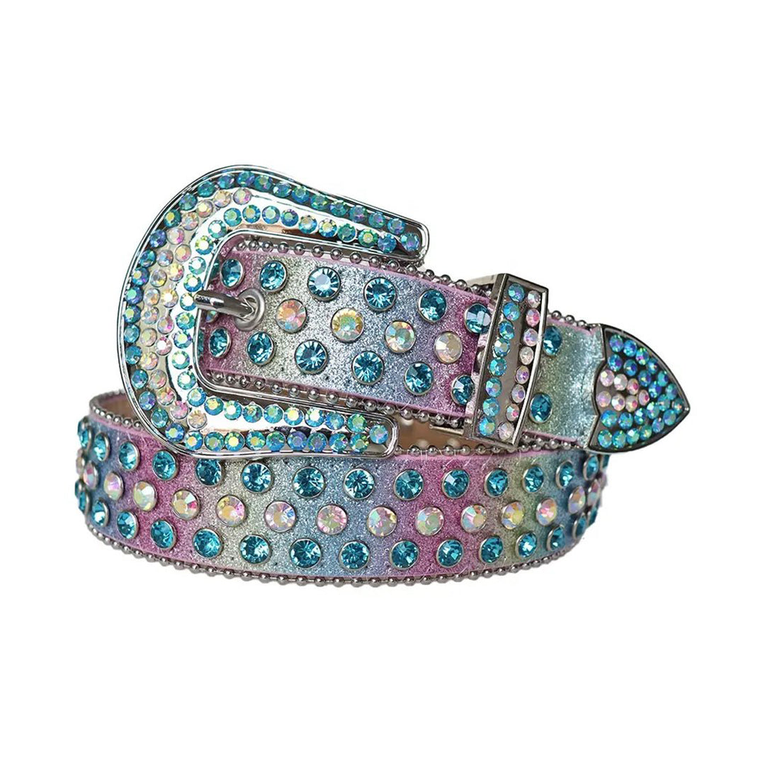 Blue And Chromatic Rhinestone Belt With Pink Chromatic Strap