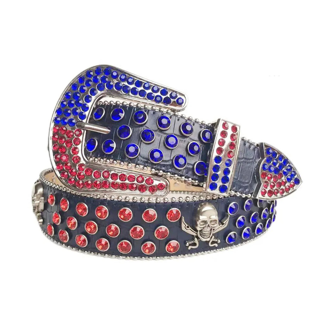 Red And Blue Rhinestone and Skull Stud Belt With Black Textured strap