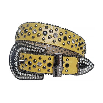 Diamond Rhinestone And Black Studs Belt With Yellow strap