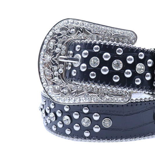 Engraved Buckle Black Strap With Crystal & Metal Studded Rhinestone Belt