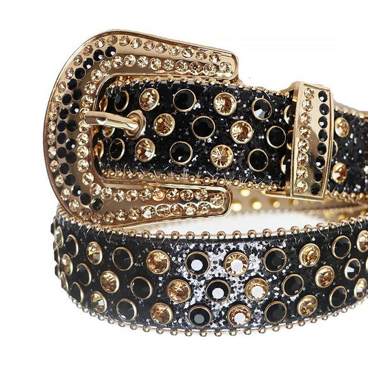 Black And Gold Rhinestone Belt With Black Glitter Strap