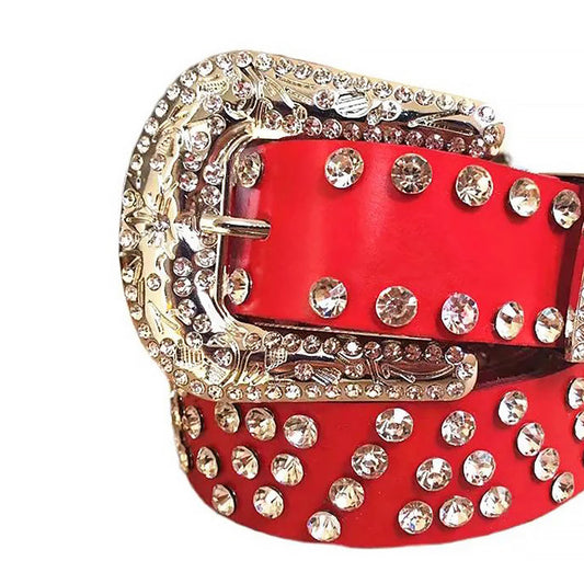 Diamond Rhinestone Belt With Red Strap