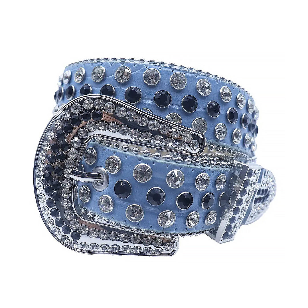 Diamond And Black Rhinestone Belt With Blue Textured Strap