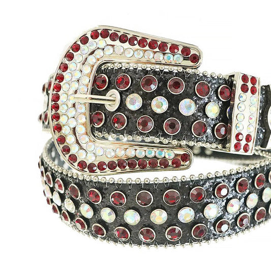 Red And Chromatic Rhinestone Belt With Black Glitter Strap