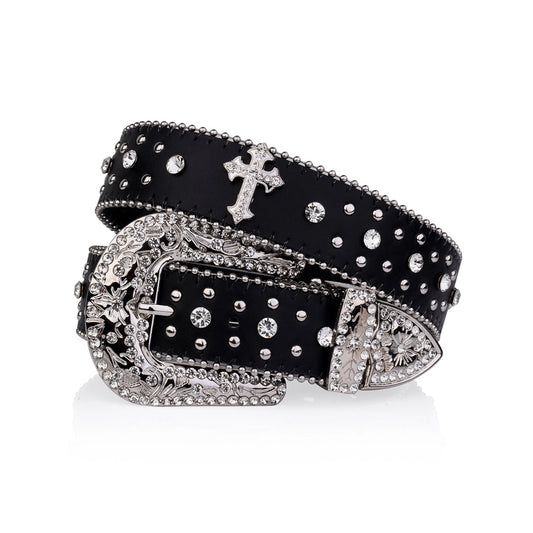 Engraved Buckle Cross Black Strap With Crystal Studded Rhinestone Belt