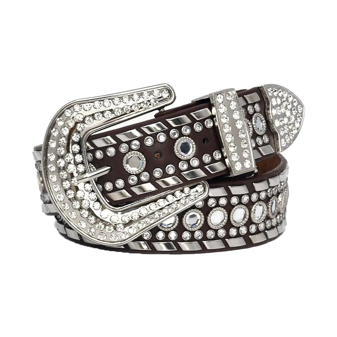 Diamond Rhinestone and Silver Studs Belt With D/Brown Strap