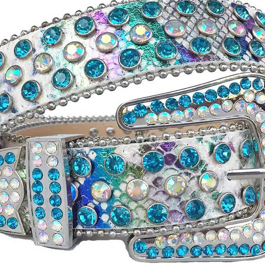 Aqua and Chromatic Rhinestone Belt With White Snake Texture Strap