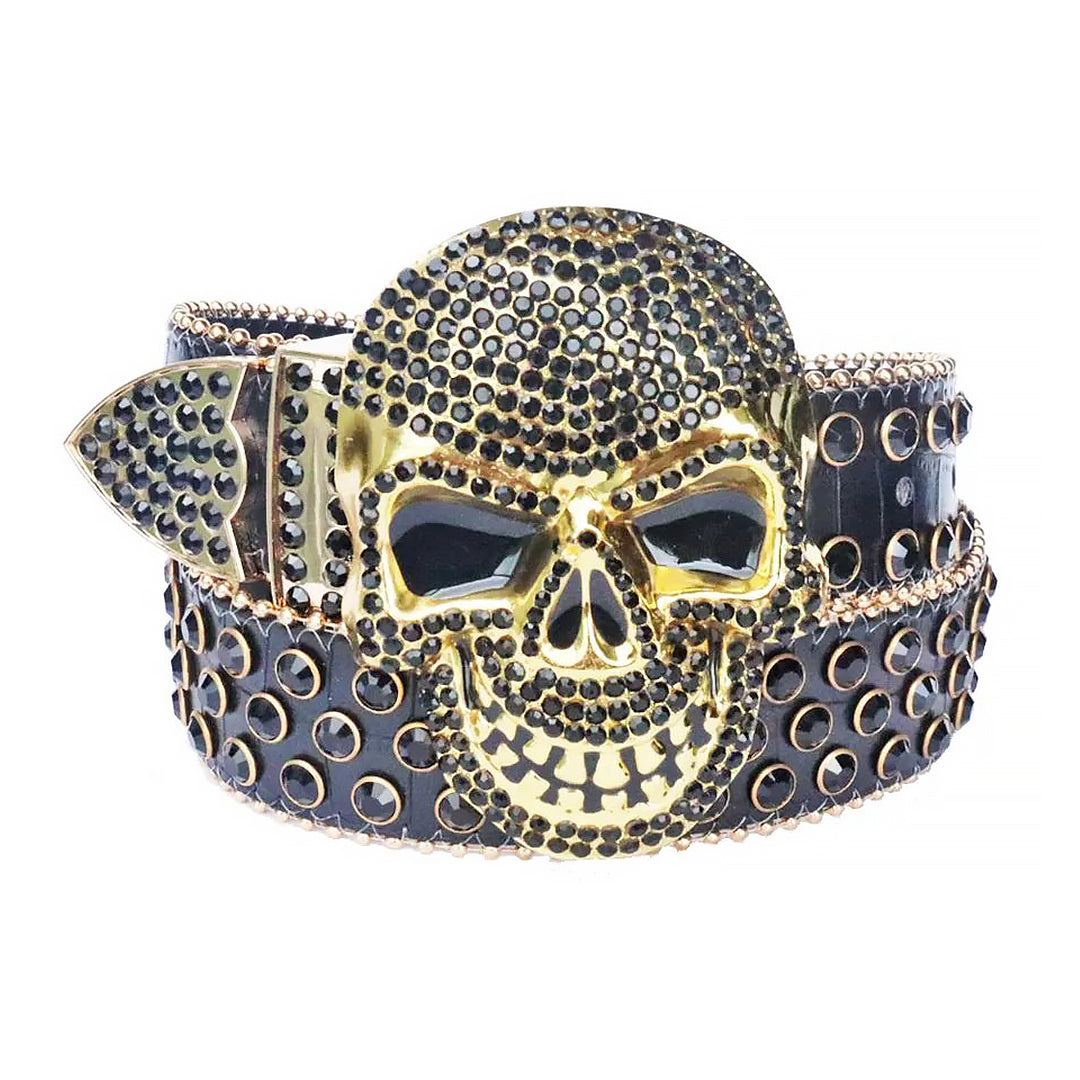 Black Rhinestone Belt With Black Strap and Skull Buckles