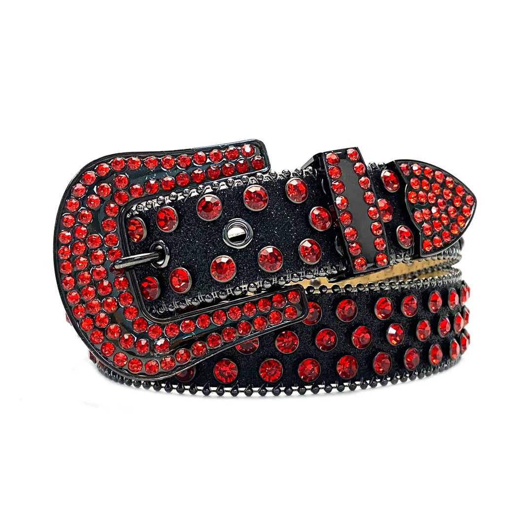 Black Strap With Red Studded Rhinestone Belt