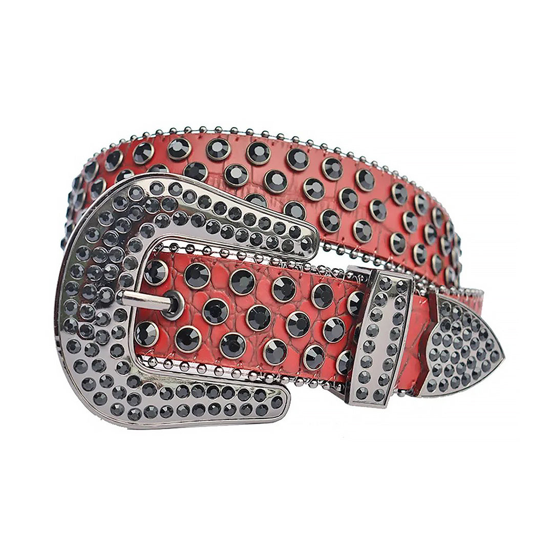 Black Rhinestone Belt With Red Snake Texture Strap