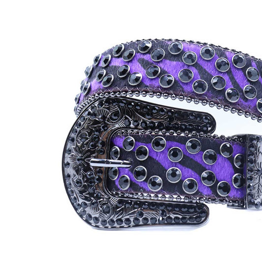 Engraved Buckle Purple Patterned Strap With Black Studded Rhinestone Belt