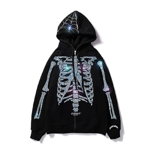 Skeleton Zip Up Halloween Rhinestone Hoodie