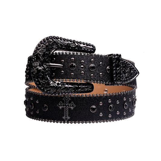 Engraved Buckle Cross Black Strap With Black Studded Rhinestone Belt