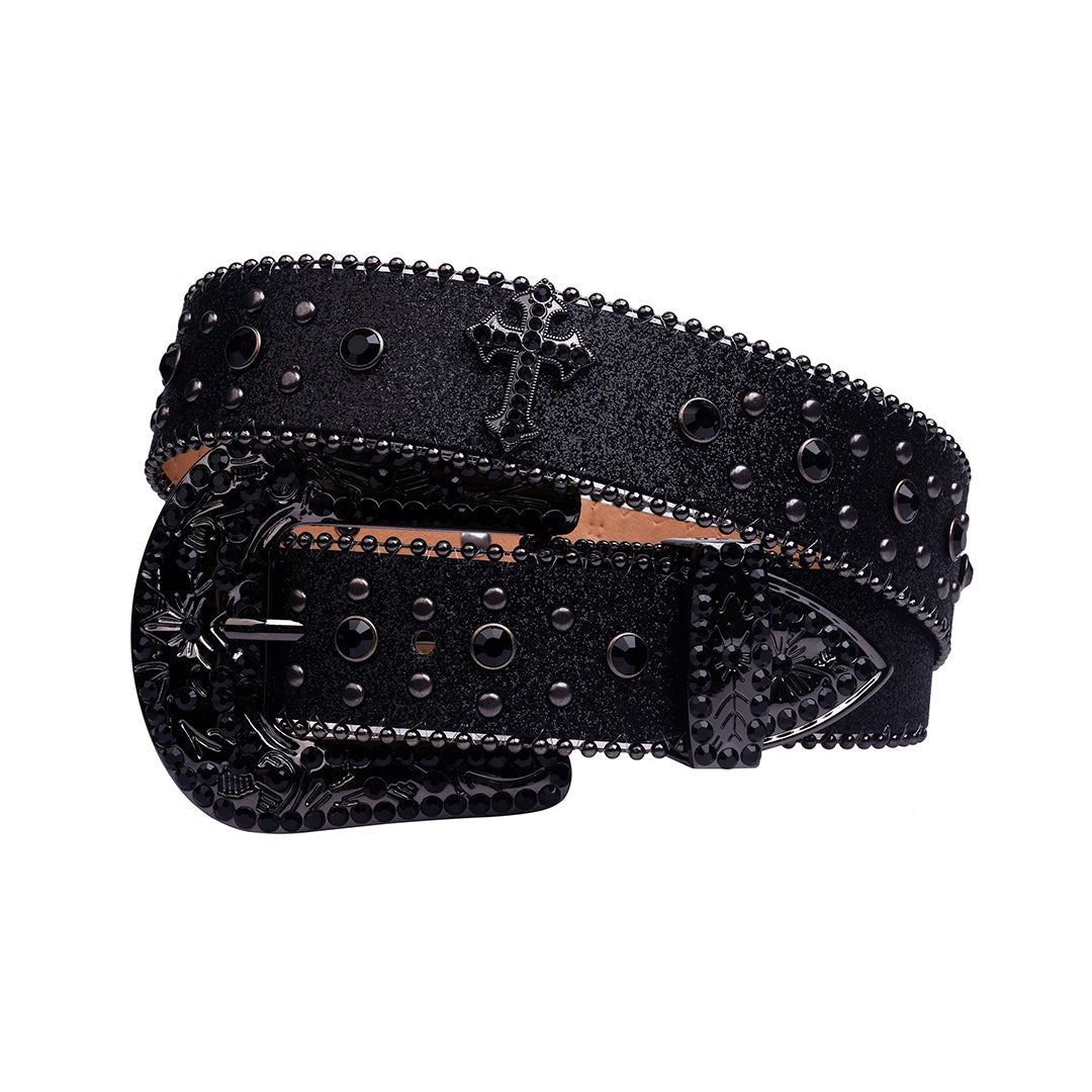 Engraved Buckle Cross Black Strap With Black Studded Rhinestone Belt