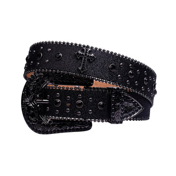 Engraved Buckle Cross Black Strap With Black Studded Rhinestone Belt
