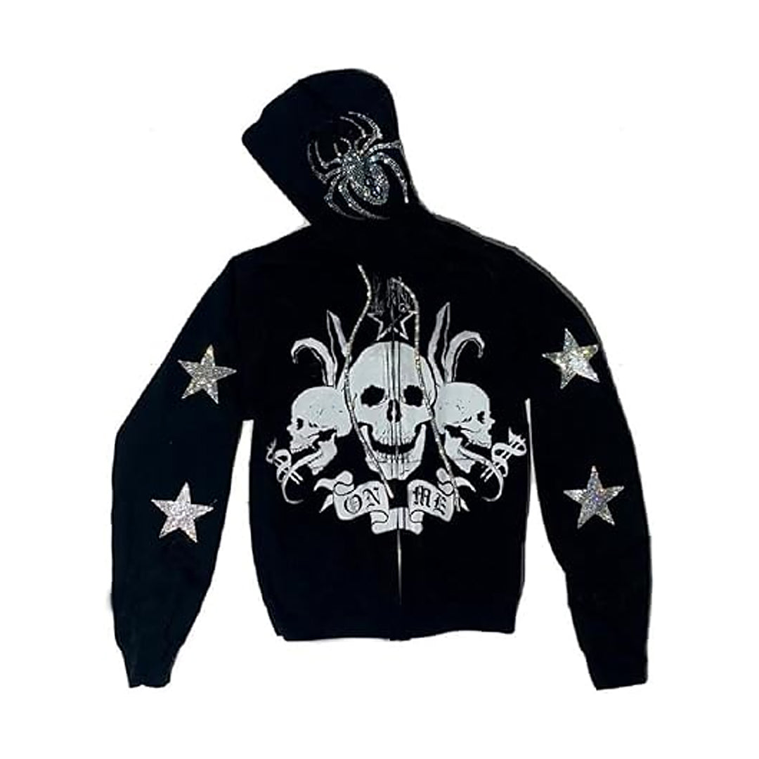Women's Rhinestone Spider Skull Printed Rhinestone Hoodie
