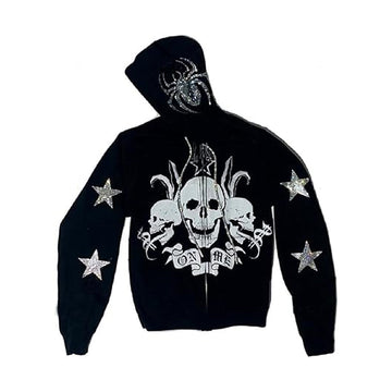 Women's Rhinestone Spider Skull Printed Rhinestone Hoodie