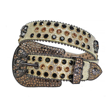 Black and Gold Rhinestone Belt With Beige Strap and Skull Buckles