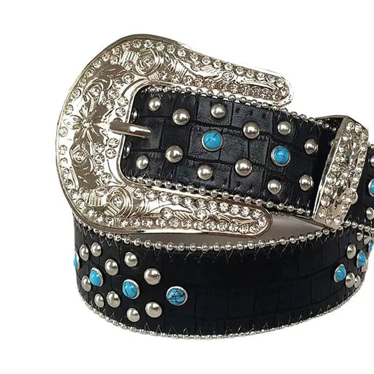 Blue Rhinestone Belt With Black Textured Strap