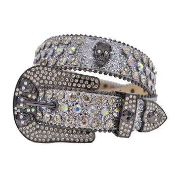Diamond Rhinestone Belt With Grey Glitter Strap and Skull Buckles