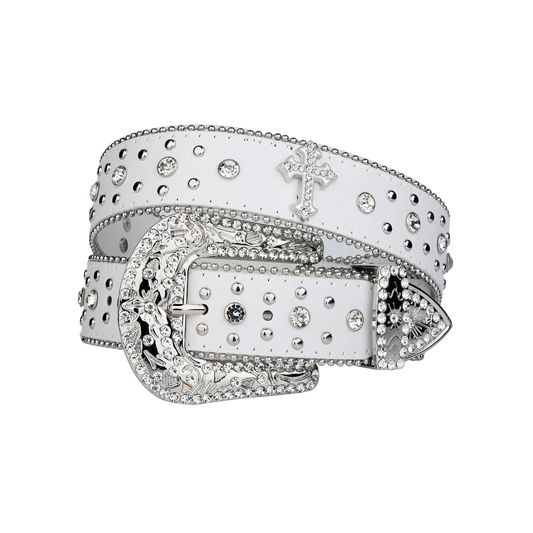 Engraved Buckle Cross White Strap With Crystal Studded Rhinestone Belt