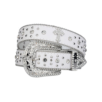 Engraved Buckle Cross White Strap With Crystal Studded Rhinestone Belt