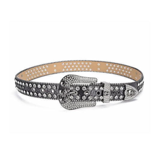 Skull Buckle Black Strap With Crystal Studded Rhinestone Belt