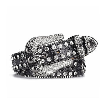 Skull Buckle Black Strap With Crystal Studded Rhinestone Belt