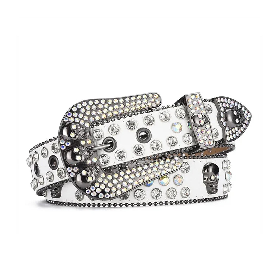 Skull Buckle White Strap With Crystal Studded Rhinestone Belt