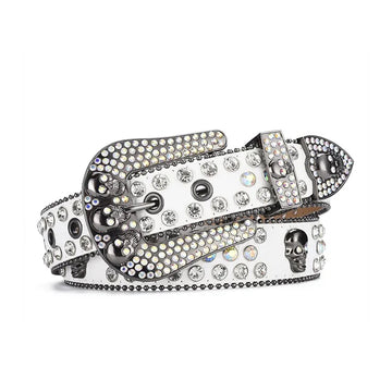 Skull Buckle White Strap With Crystal Studded Rhinestone Belt
