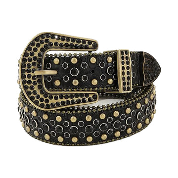 Black Rhinestone and Gold Studs Belt With Black Textured Strap
