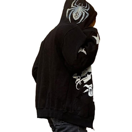 Women's Rhinestone Spider Skull Printed Rhinestone Hoodie