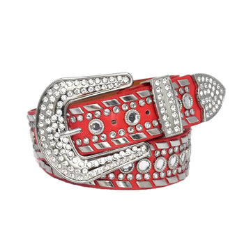 Diamond Rhinestone and Silver Studs Belt With Red Strap