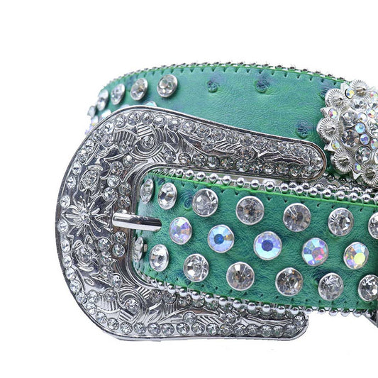Engraved Buckle Flower Green Strap With Multi & Crystal Studded Rhinestone Belt